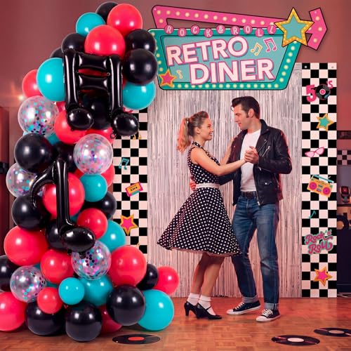 Peryiter 87 Pcs 50's Retro Diner Party Decorations Set Checkerboard Backdrop Banner Fringe Curtain Balloon Arch Kit with Music Note Toppers 1950s Rock Roll Supplies for Birthday Sock Hop Party - style: 50's