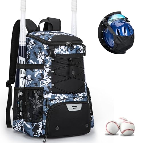 KAVIGOR Baseball Bag for Youth and Adult, Softball Backpack 40L Large Capacity, Bat Backpack with Shoes Compartment and Hidden Helmet Holder - color: Blue Camo
