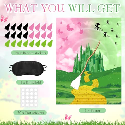 Faccito Witch Party Decorations Pin The Broom Pink and Green Games with Large Poster 24 Stickers and Blindfold Games Set for Halloween Witch Party Decorations Pink and Green Activities Supplies - style: Witch
