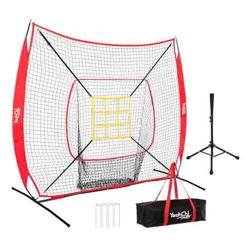 7x7 Ft Baseball and Softball Training Net with Batting Tee, Strike Zone Target, Portable Hitting and Pitching Practice Set - color: Red