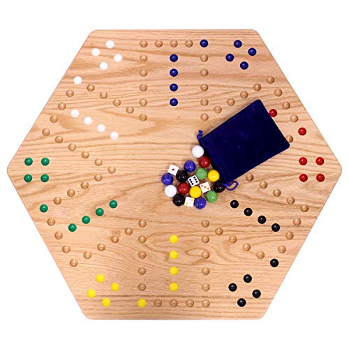 Wahoo Wooden Marble Game Board Set - Large 24" Wide - Solid Oak Wood - Double-Sided - with Large 22mm Marbles and Dice Included