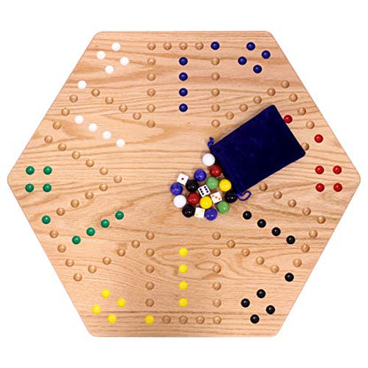 Wahoo Wooden Marble Game Board Set - Large 24" Wide - Solid Oak Wood - Double-Sided - with Large 22mm Marbles and Dice Included