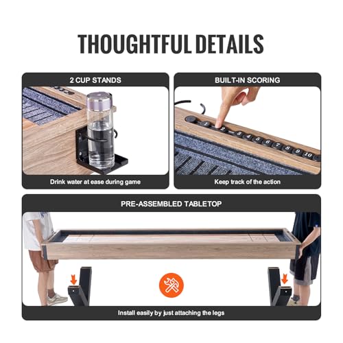 VEVOR Shuffleboard Table, 9 ft Shuffleboard for Family Game Rooms, 2 in 1 Shuffleboard and Bowling Combo Game Set, with Scratch-Resistant Playfield, Legs, 8 Pucks, Bowling Set, Wax, and Table Brush - size: 9ft