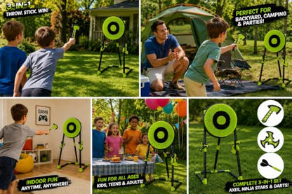Leeray 3-in-1 Bristle Target Board Game – Axe Throwing Game for Backyard with Throwing Axes, Soft Tip Darts, and Ninja Stars – Safe Outdoor Games & Kids Toys for Ages 6+