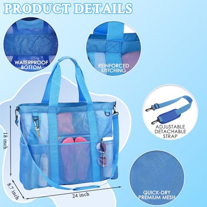 GYEUKHAM Mesh Beach Bag for Women, Sand-Resistant Pool Tote, 9 Pockets (1 Inner Zip), Foldable Family Travel Essentials - color: Extra Large - Blue