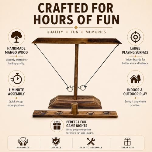 16x13 Inch Wooden Ring Toss Game, Hook & Ring Tabletop | Mango Wood, Large Size, 2 Players, Indoor & Outdoor Game, Party Game