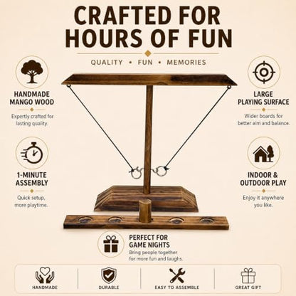 16x13 Inch Wooden Ring Toss Game, Hook & Ring Tabletop | Mango Wood, Large Size, 2 Players, Indoor & Outdoor Game, Party Game