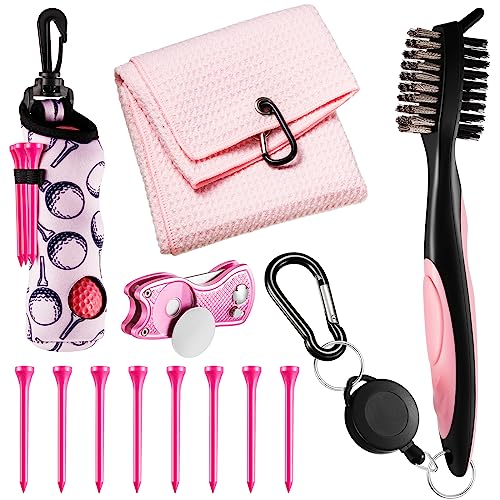 Liliful 12 Pcs Golf Accessories Kit, Include Golf Ball Bag with Hook Towel Tees Magnetic Ball Marker Divot Tool Cleaner Brush for Women Man Gifts - color: Pink, style: Plain