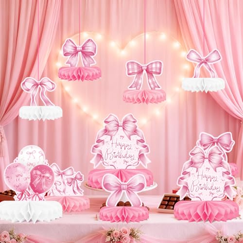 Pink Bow Birthday Decorations Set - Bow Party Decorations with Honeycomb Centerpieces & Table Centerpieces for Splendid Pink Bow Themed Party Supplies - style: pink bow