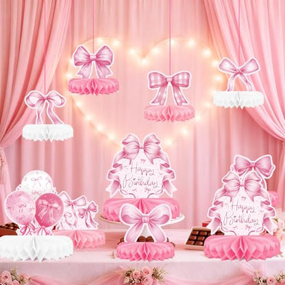 Pink Bow Birthday Decorations Set - Bow Party Decorations with Honeycomb Centerpieces & Table Centerpieces for Splendid Pink Bow Themed Party Supplies - style: pink bow
