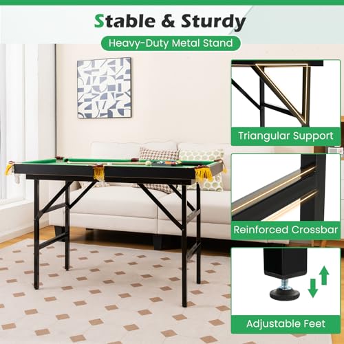 GYMAX Pool Table, 48’’ Foldable Billiard Tables with Balls, 2 Cue Sticks, Chalks and Brush, Mini Pool Table for Kids, Family, Party