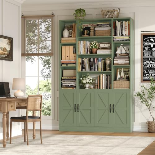 HOSTACK 72” Tall Book Shelf and Bookcase, White Bookshelf with Storage Cabinet, 45” Wide Bookcase with 4 Doors, Standing Display Shelves, Modern Farmhouse Book Case for Living Room, Green - color: Green