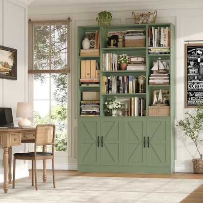 HOSTACK 72” Tall Book Shelf and Bookcase, White Bookshelf with Storage Cabinet, 45” Wide Bookcase with 4 Doors, Standing Display Shelves, Modern Farmhouse Book Case for Living Room, Green - color: Green