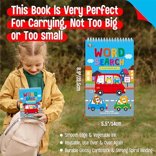 SpriteGru Dry Erase Word Search Game Pad, 30 Reusable & Erasable Word Games, Search & Find Puzzles Brain-Boosting Activity Book for Kids, Educational Toy for Road Trip Airplane Travel - style: Word Search