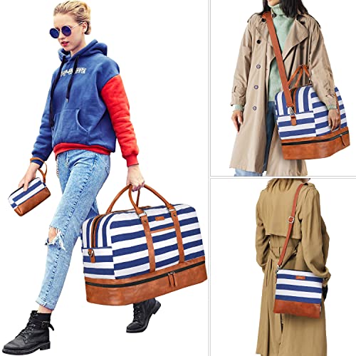 Weekender Bag for Women, Large Overnight Bag Canvas Travel Duffel Bag Carry On Tote with Shoe Compartment 21" 3Pcs Set - color: A14-brown+blue & white stripes