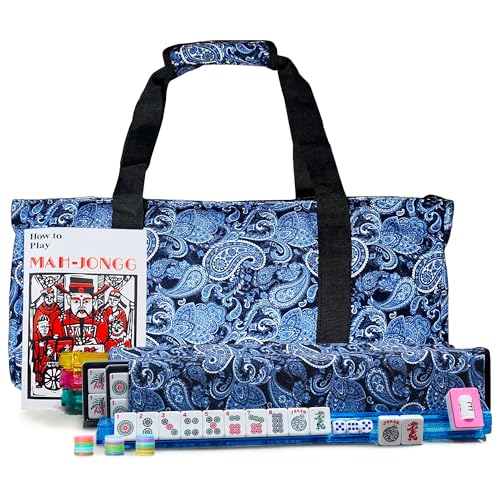 American Mahjong Tile Set with Mat - Premium Quality Melamine Mahjong Set with 166 Scratch-Resistant Tiles, Complete Accessories, and Portable Blue Carrying Case for Timeless Fun