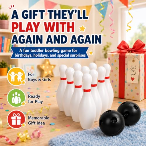 Toddmomy Kids Mini Bowling Set with 10 Pins & 2 Balls, Indoor Outdoor Sports Toy for Toddlers Ages 3-6, Educational Family Games for Boys Girls, Party Favors Birthday Gift (6.3in Tall)