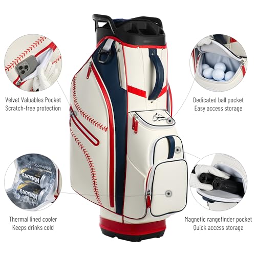 uniHimal Golf Cart Bag with 14-Way Full-Length Dividers, Premium PU Leather Golf Bag for Men Women with Plush Top, Magnetic Pocket and Rain Cover, Lightweight Golf Club Bag Includes Cooler Pockets - color: Beige Red Blue