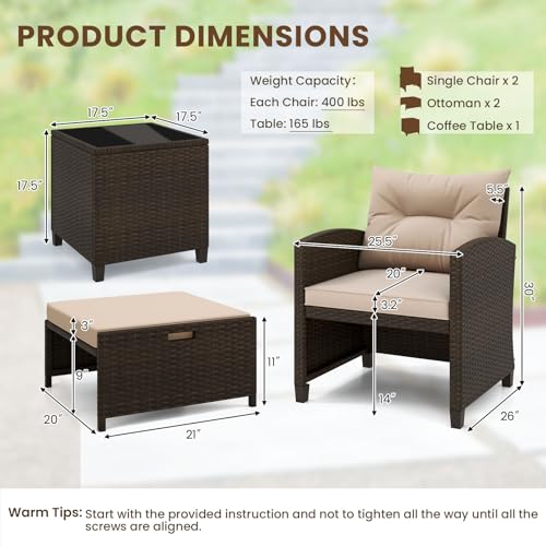 Tangkula 5 Pieces Patio Conversation Set, PE Wicker Rattan Outdoor Furniture Set with 2 Chairs, 2 Ottomans & Tempered Glass Coffee Table, Ideal for Poolside, Backyard, Lawn, Deck (Mix Brown & Beige) - color: Mix Brown & Beige