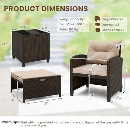 Tangkula 5 Pieces Patio Conversation Set, PE Wicker Rattan Outdoor Furniture Set with 2 Chairs, 2 Ottomans & Tempered Glass Coffee Table, Ideal for Poolside, Backyard, Lawn, Deck (Mix Brown & Beige) - color: Mix Brown & Beige