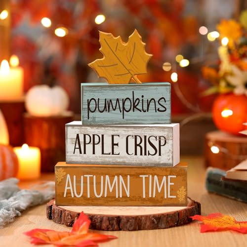 Lineshading 4 Pcs Fall Decoration for Home Wooden Maple Leaf Fall Tiered Tray Decor Thanksgiving Table Centerpiece Rustic Decorative Maple Leaf Block Signs Gift Farmhouse Autumn Decoration for Home - style: Autumn Maple Leaf