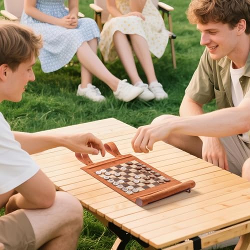 Woodronic 3 in 1 Travel Chess Backgammon Checkers Set, Roll-up Leather Backgammon Set with 32 Premium Pearl Pieces and 5 Dices, Portable Travel Chess Board Game Set for Adult,14x10 Inch - color: Brown