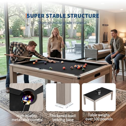 7 ft Pool Table Combo,3 in 1 Pool, Dining, & Table Tennis with Full Accessories,HDF Wood Grain Finish & Chrome Accents - color: Black
