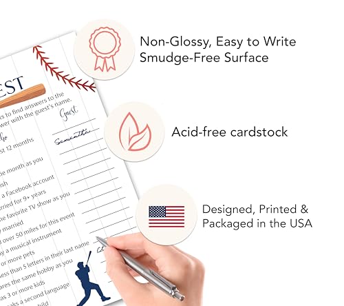 BASEBALL Baby Shower Games— FIND THE GUEST Game — Pack of 25 — Rustic Sports Blue BOY Baby Shower Activity, Icebreaker Party Game, Guess Who Came to the Party, Little Slugger Couples Shower G900-FTG