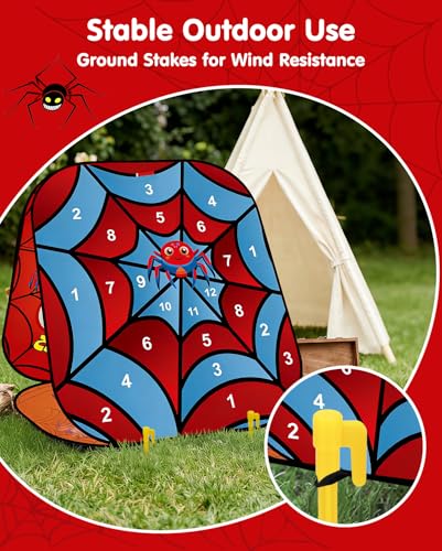 5-in-1 Bean Bag Toss Game for Kids Ages 3-8, Outdoor Cornhole Set with 3 Interchangeable Boards (Toss/Dart/Tic-Tac-Toe), Includes 8 Beanbags 6 Balls/Darts/Rings, Backyard Toys for Boys - style: Spider