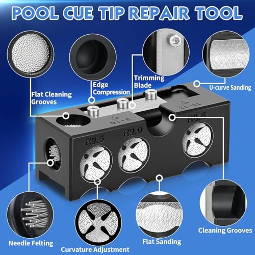 Billiards Pool Cue Tip Shaper, Pool Cue Tips Replacement Kit, Pool Cue Shaper, Pool Cue Tip Tool, Pool Cue Tips Repair Tool for Replacement and Shaping Cue Tips - color: Black 10 in 1