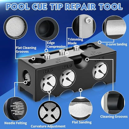 Billiards Pool Cue Tip Shaper, Pool Cue Tips Replacement Kit, Pool Cue Shaper, Pool Cue Tip Tool, Pool Cue Tips Repair Tool for Replacement and Shaping Cue Tips - color: Black 10 in 1