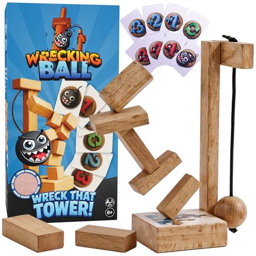 wreckingball Tower Stack Game - Ultimate Stacking Tower Game Adult & Family - Strategy Block Games for Kids & Adults - Tumbling Tower with Action Cards & Wrecking Ball - Fun Party & Block Game Set
