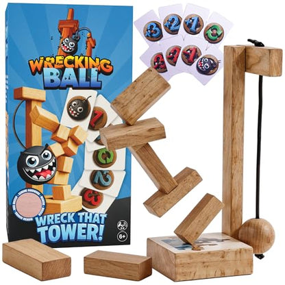 wreckingball Tower Stack Game - Ultimate Stacking Tower Game Adult & Family - Strategy Block Games for Kids & Adults - Tumbling Tower with Action Cards & Wrecking Ball - Fun Party & Block Game Set