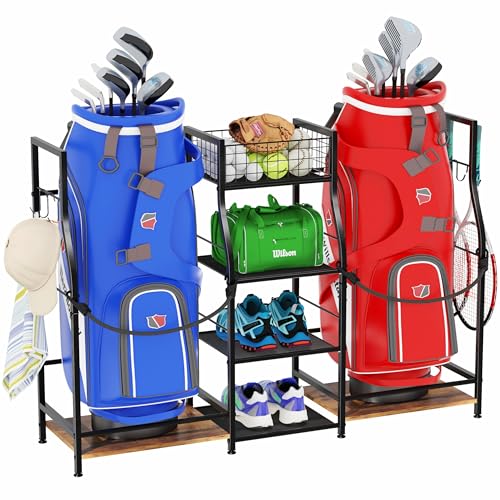 Jsskeeim Golf Bag Storage Organizer for Garage Organization, Golf Bag Stand for Golf Bag Accessories, Spacious Golf Rack for Golf Clubs & Golf Essentials, Ideal Golf Gifts for Men (Fits 2 Golf Bags) - style: 2 Bags