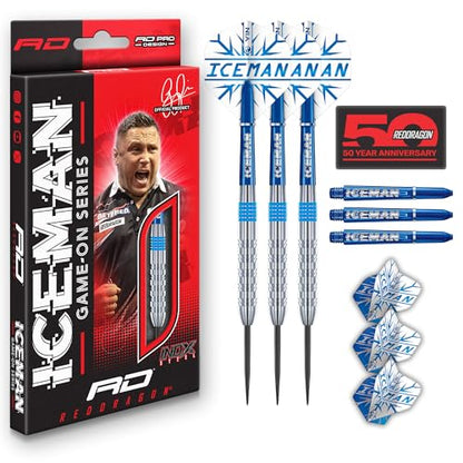 RED DRAGON Game On Professional Player Series Steel Tip Darts Set - Stainless Steel Darts with VRX Shafts & Flights - Available in Iceman, Coolhand & Snakebite Styles - style: Iceman