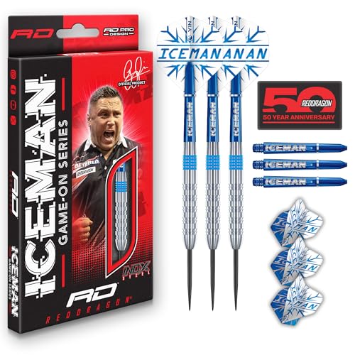 RED DRAGON Game On Professional Player Series Steel Tip Darts Set - Stainless Steel Darts with VRX Shafts & Flights - Available in Iceman, Coolhand & Snakebite Styles - style: Iceman