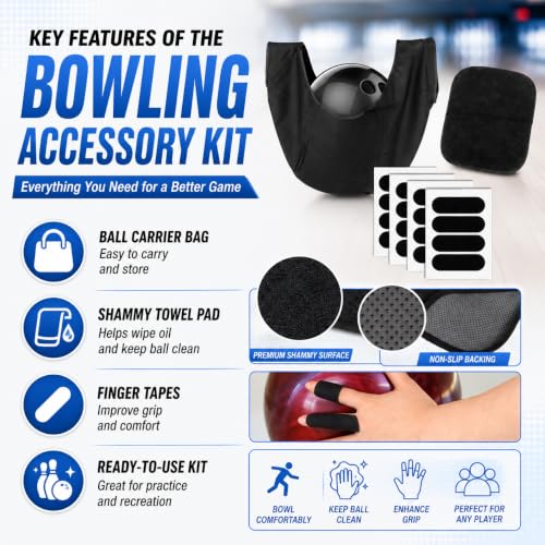 RAINFLOW 18PCS Bowling Accessories for Men Women - 1PC Bowling Ball Bag,1PC Towel and 16PCS Thumb Tape,Black BowlingBall Cleaner and Polisher