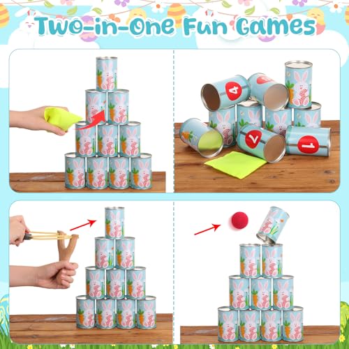 37 Pcs Party Knockdown Can Games Set 2-in-1 Bean Bag Toss and Slingshot Shooting Game with Metal Cans Bean Bags Slingshots Foam Balls for Family Gatherings Carnival