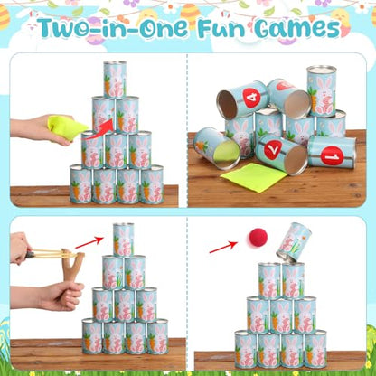 37 Pcs Party Knockdown Can Games Set 2-in-1 Bean Bag Toss and Slingshot Shooting Game with Metal Cans Bean Bags Slingshots Foam Balls for Family Gatherings Carnival