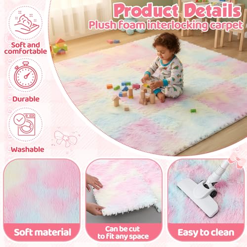 16 Pcs Pastel Faux Fur Floor Tiles, 11.8 x 11.8 in Puzzle Girls Play Soft Tiles, 1.5 Inch Shaggy Square, EVA Foam Floor Mat for Nursery, Playroom, Bedroom, Toddler Room, Daycare - color: Pastel