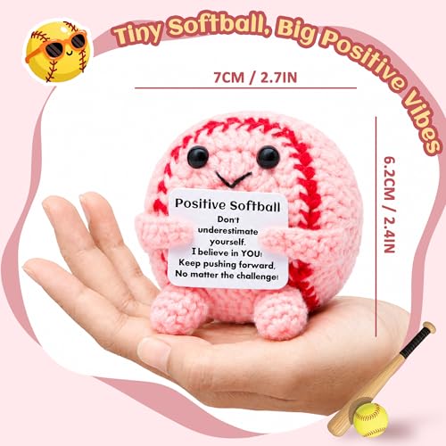Mini Funny Positive Pink Softball Gifts for Girls, Knitted Wool Softball Crochet Toy with Positive Card, Cute Emotional Support Cheer Up Keepsake Gift for Kids Girls Women Friends Sister College - style: Softball