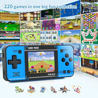 Handheld Game for Kids -Preloaded 220 Retro Video Games, Portable Gaming Player with Rechargeable Battery 3.0" LCD Screen, Mini Arcade Electronic Toy Gifts for Boys Girls (Black+Blue) - style: Black+Blue