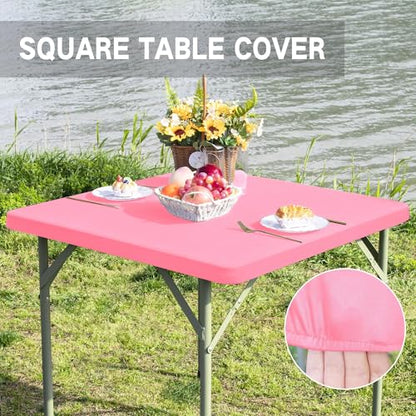 Square Fitted Table Cover Elastic Tablecloth Stretch Spandex Table Topper Cap Cover for Dining Kitchen Home Party Pink 34X34 Inch - color: Pink, size: 34" x 34" (Square)