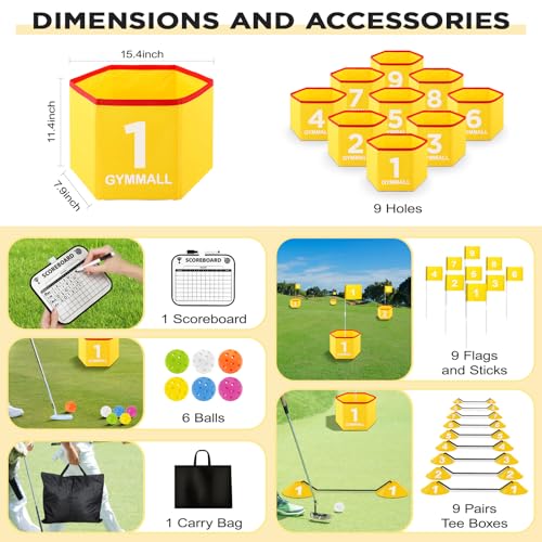 Backyard Golf Set for Kids, Adults and Family, Portable 9 Holes Golf Course with Balls, Flags and Carry Bag for Lawn, Park, Beach and Hotel - Yellow