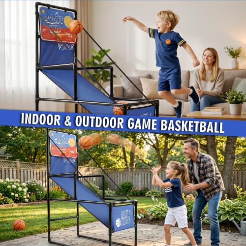 Basketball Arcade Game Indoor, Single Shot Basketball Hoop with 2 Balls & Pump, Foldable Stand for Toddlers & Young Players, Active Play Toy for Home, Playroom, Carnival