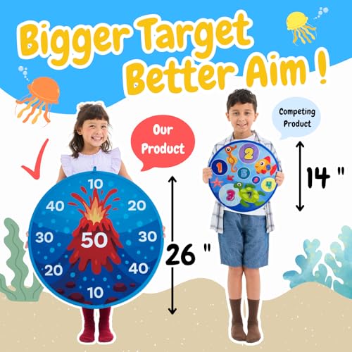 Grip Kids Ocean & Volcano Theme Double-Sided Dartboard Target Game – 26" Large Dart Board with Sticky Balls & Jellyfish Toss Balls, Indoor/Outdoor Fun Party Game Toy for Kids Ages 3–12