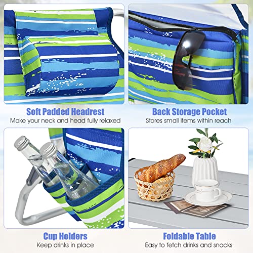 Tangkula Backpack Beach Chair with Table, 5-Position Lay Flat Beach Chairs with Cooler Bag, 2 Cup Holders, Towel Bar, Lightweight Low Folding Beach Chair with Backpack Straps - color: Blue, style: 2 Pack with Table