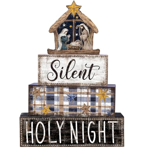DIYDEC 4Pcs Christmas Table Decoration Christmas Jesus Wooden Block Sign Xmas Tiered Tray Decor Winter Centerpiece Decorative Sign for Holiday Tabletop Coffee Fireplace Shelf Desk Party Decor - style: Blue Jesus