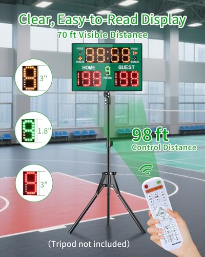Basketball Digital Scoreboard with Remote,Battery Powered Portable Tabletop Electronic Scoreboard with 75dB Buzzer,Countdown Timer & Score for Games - style: green