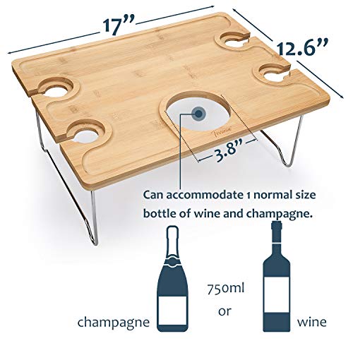 Tirrinia Portable Wine Picnic Table, Ideal Wine Gift for Women Men, Small Folding Outdoor Picnic & Cheese Tray with 4 Wine Glasses Holder for Camping, Park, Beach, Garden, Concerts,Steel Legs - size: 17" x 12.6"